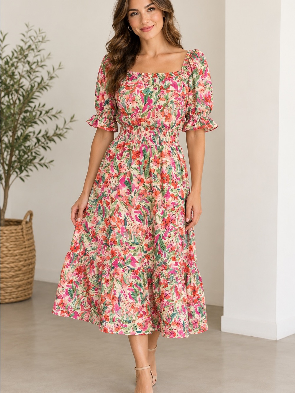 Chenault Floral Off-Shoulder Smocked Midi Dress - Pink & Green size M #tiered
